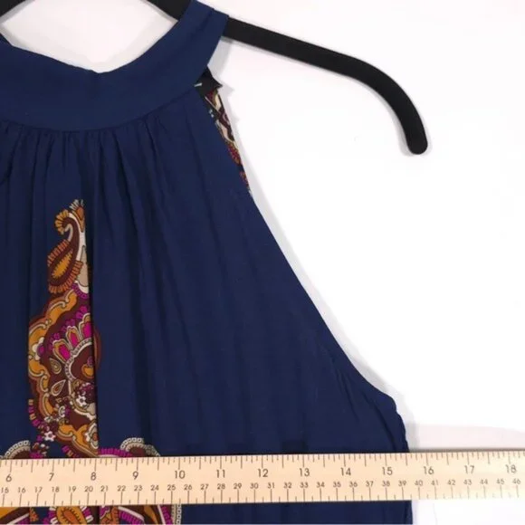 MSK Women's Navy Blue CHALLIS Printed Tied Halter Neck stretch MAXI Dress  MEDIUM